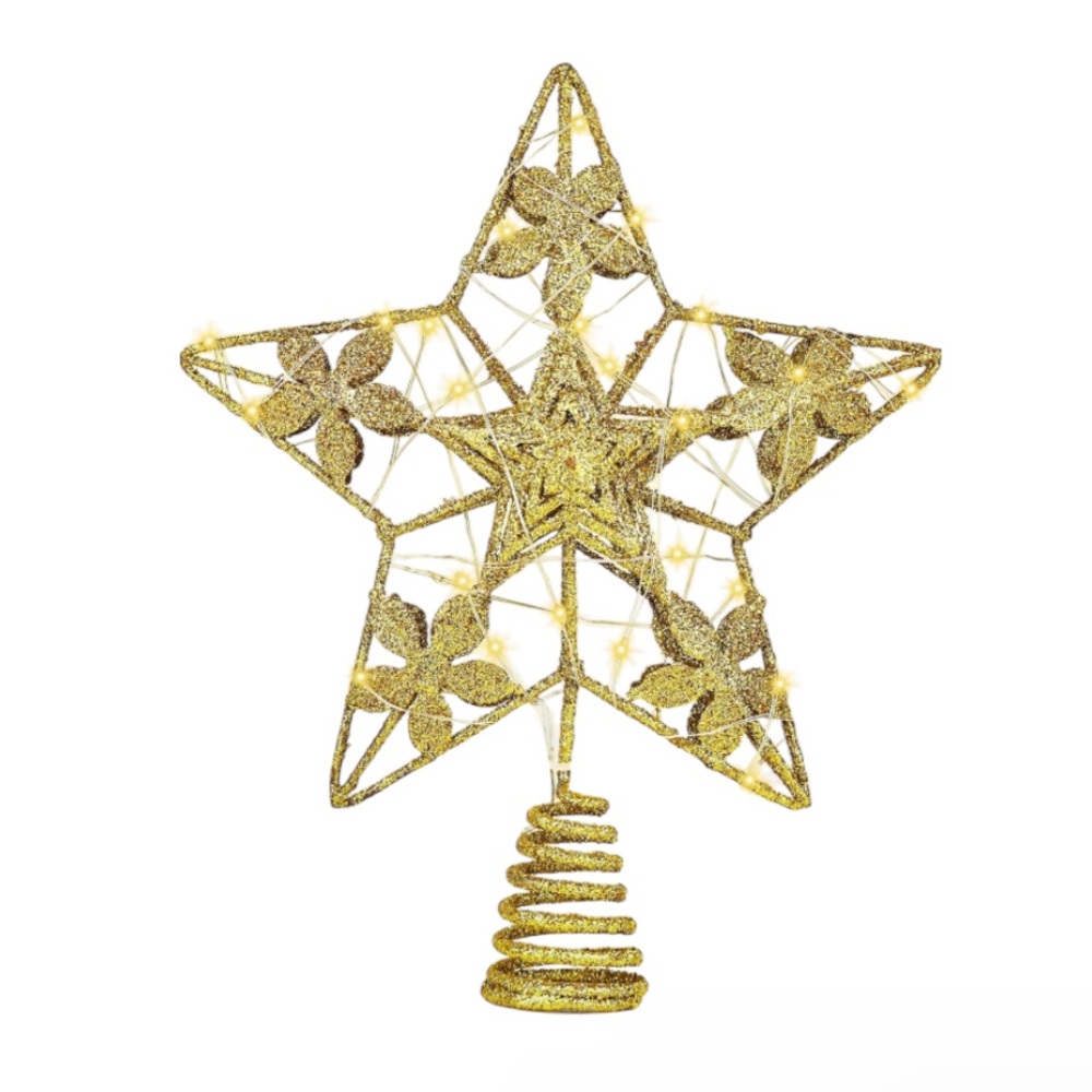 NEW! Lighted Glitter Gold Star Tree Topper 3D Hollow Poinsettia Battery Operated